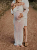 Momnfancy White Ruffle Bodycon Backless Long Sleeve Elegant Beach Smock Photoshoot Maternity Maxi Dress