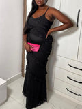 Momnfancy Elegant Black Flowy Side Slit Layers Of Falbala Backless Party Babyshower Maternity Maxi Dress