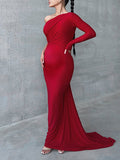 Momnfancy Elegant Irregular Oblique Shoulder Ruffle Floor Mopping Backless Occasion Babyshower Maternity Maxi Dress