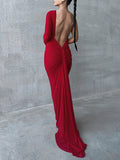 Momnfancy Elegant Irregular Oblique Shoulder Ruffle Floor Mopping Backless Occasion Babyshower Maternity Maxi Dress
