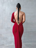 Momnfancy Elegant Irregular Oblique Shoulder Ruffle Floor Mopping Backless Occasion Babyshower Maternity Maxi Dress