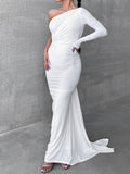 Momnfancy Elegant Irregular Oblique Shoulder Ruffle Floor Mopping Backless Occasion Babyshower Maternity Maxi Dress