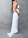 Momnfancy Elegant Irregular Oblique Shoulder Ruffle Floor Mopping Backless Occasion Babyshower Maternity Maxi Dress