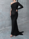 Momnfancy Elegant Irregular Oblique Shoulder Ruffle Floor Mopping Backless Occasion Babyshower Maternity Maxi Dress