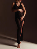 Momnfancy Black Halter Neck Backless Side Slit Tie Back V-neck Fashion Photoshoot Maternity Maxi Dress