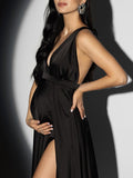 Momnfancy Black Spaghetti Straps Backless Side Slit Big Swing V-neck Elegant Photoshoot Gowns Maternity Maxi Dress