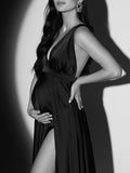 Momnfancy Black Spaghetti Straps Backless Side Slit Big Swing V-neck Elegant Photoshoot Gowns Maternity Maxi Dress