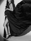 Momnfancy Black Spaghetti Straps Backless Side Slit Big Swing V-neck Elegant Photoshoot Gowns Maternity Maxi Dress