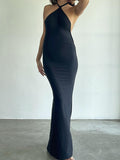 Momnfancy Black Cami Backless Tie Back Bodycon Off-shoulder Halter Neck Fashion Baby Shower Maternity Maxi Dress