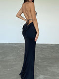 Momnfancy Black Cami Backless Tie Back Bodycon Off-shoulder Halter Neck Fashion Baby Shower Maternity Maxi Dress