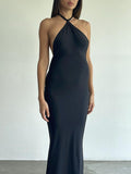 Momnfancy Black Cami Backless Tie Back Bodycon Off-shoulder Halter Neck Fashion Baby Shower Maternity Maxi Dress