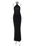Momnfancy Black Cami Backless Tie Back Bodycon Off-shoulder Halter Neck Fashion Baby Shower Maternity Maxi Dress