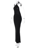 Momnfancy Black Cami Backless Tie Back Bodycon Off-shoulder Halter Neck Fashion Baby Shower Maternity Maxi Dress