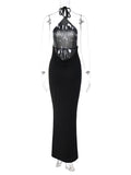 Momnfancy Black Cami Backless Tie Back Bodycon Off-shoulder Halter Neck Fashion Baby Shower Maternity Maxi Dress