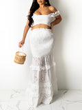 Momnfancy White Lace Ruffle Two Piece Crop Mermaid Boat Neck Elegant Chic Baby Shower Maternity Maxi Dress