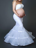 Momnfancy White Two Piece Crop Off-shoulder Tulle Cascading Ruffle Mermaid Bandeau Elegant Photoshoot Maternity Maxi Dress