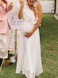 Momnfancy White Polka Dot Ruffle Side Slit Ruched Oblique Shoulder Elegant Baby Shower Maternity Maxi Dress