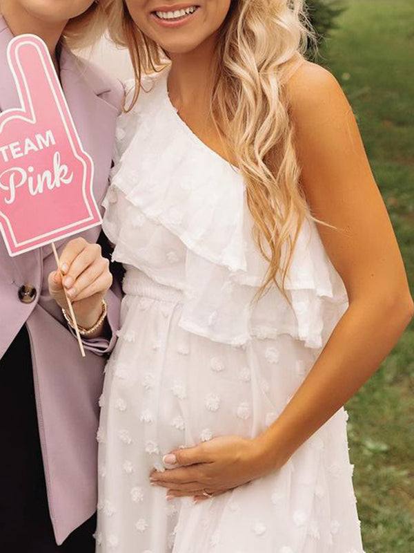 Momnfancy White Polka Dot Ruffle Side Slit Ruched Oblique Shoulder Elegant Baby Shower Maternity Maxi Dress