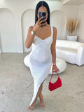 Momnfancy Chic Beige Thigh High Side Slits Bodycon Sweetheart Neckline Party Maternity Babyshower Maxi Dress