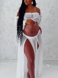 Momnfancy Chic White Two Piece Falbala Slits On Both Sides Transparent Off Shoulder Flowy Beach Maternity Photoshoot Maxi Dress