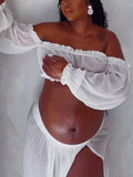 Momnfancy Chic White Two Piece Falbala Slits On Both Sides Transparent Off Shoulder Flowy Beach Maternity Photoshoot Maxi Dress