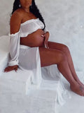 Momnfancy Chic White Two Piece Falbala Slits On Both Sides Transparent Off Shoulder Flowy Beach Maternity Photoshoot Maxi Dress