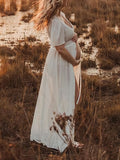 Momnfancy White Lace Ruched Crop Flowy Lace-up Deep V-neck Elegant Boho Beach Smock Photoshoot Maternity Maxi Dress
