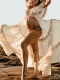 Momnfancy Apricot Ruffle Crop Off-shoulder Big Swing Lace-up Boat Neck Elegant Boho Photoshoot Maternity Maxi Dress