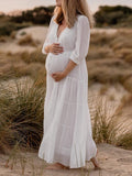 Momnfancy White Buttons Draped Big Swing V-neck Elegant Boho Photoshoot Maternity Maxi Dress
