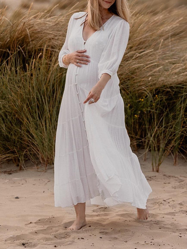 Momnfancy White Buttons Draped Big Swing V-neck Elegant Boho Photoshoot Maternity Maxi Dress