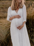 Momnfancy White Buttons Draped Big Swing V-neck Elegant Boho Photoshoot Maternity Maxi Dress