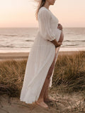 Momnfancy White Buttons Draped Big Swing V-neck Elegant Boho Photoshoot Maternity Maxi Dress