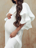 Momnfancy Elegant White Layers Of Falbala Pleated Flowy Babyshower Maternity Photoshoot Maxi Dress