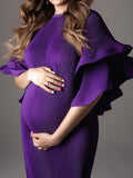 Momnfancy Elegant White Layers Of Falbala Pleated Flowy Babyshower Maternity Photoshoot Maxi Dress