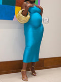 Momnfancy Elegant Blue Satin Backless Bodycon Mermaid Tie Back Babyshower Maternity Evening Maxi Dress