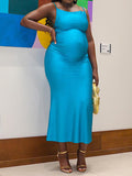Momnfancy Elegant Blue Satin Backless Bodycon Mermaid Tie Back Babyshower Maternity Evening Maxi Dress