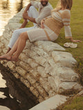 Momnfancy Elegant White Hit Color Patchwork Crochet Cutout Bohemian Babyshower Maternity Photoshoot Maxi Dress