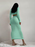 Momnfancy Chic Crochet Knitwear Backless Bare Waist Two Piece Bodycon Babyshower Party Maternity Maxi Dress