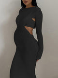 Momnfancy Chic Crochet Knitwear Backless Bare Waist Two Piece Bodycon Babyshower Party Maternity Maxi Dress