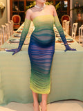 Momnfancy Elegant Gradient Color Hit Color Grenadine Ruffle Bodycon Party Maternity Babyshower Maxi Dress