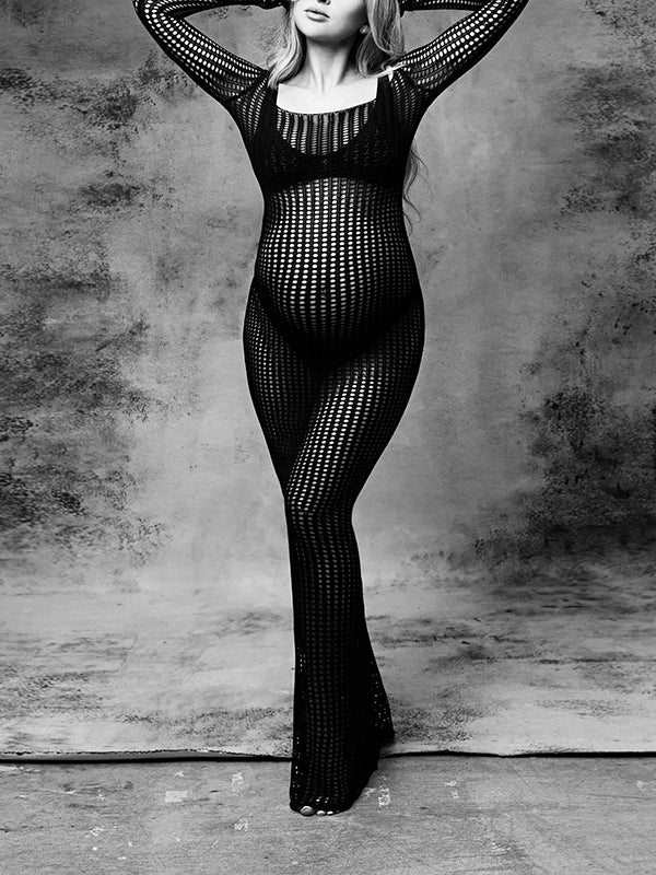 Momnfancy Elegant Black Crochet Knitwear Cutout Transparent Babyshower Maternity Photoshoot Maxi Dress