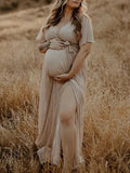 Momnfancy Champagne Sequin Belt Cross Chest Lace-up Ruched Side Slit Flowy V-neck Elegant Boho Photoshoot Maternity Maxi Dress