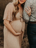 Momnfancy Champagne Sequin Belt Cross Chest Lace-up Ruched Side Slit Flowy V-neck Elegant Boho Photoshoot Maternity Maxi Dress