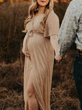 Momnfancy Champagne Sequin Belt Cross Chest Lace-up Ruched Side Slit Flowy V-neck Elegant Boho Photoshoot Maternity Maxi Dress