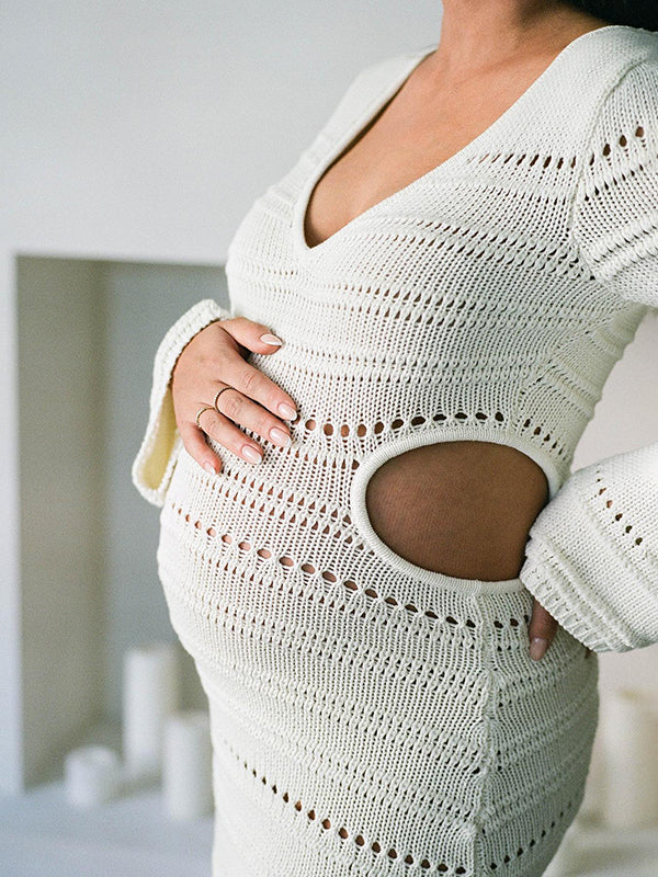 Momnfancy White Crochet Cut Out Bodycon Long Sleeve Elegant Baby Shower Maternity Maxi Dress