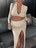 Momnfancy Zipper Two Piece Crop Side Slit Bodycon Long Sleeve Fashion Baby Shower Maternity Maxi Dress
