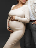 Momnfancy Apricot Cut Out Crop Bodycon Crochet Oblique Shoulder Elegant Photoshoot Baby Shower Maternity Maxi Dress