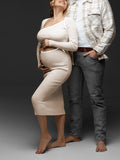 Momnfancy Apricot Cut Out Crop Bodycon Crochet Oblique Shoulder Elegant Photoshoot Baby Shower Maternity Maxi Dress