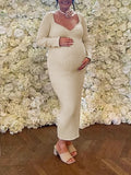 Momnfancy Apricot Crochet Bodycon Long Sleeve Elegant Chic Baby Shower Maternity Maxi Dress