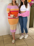 Momnfancy Multicolor Rainbow Striped Off-shoulder Bodycon Long Sleeve Fashion Baby Shower Maternity Maxi Dress